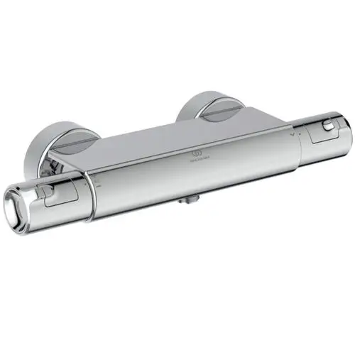 Brausethermostat in Chrom von Ideal Standard, mit zwei regulierbaren Griffen und einem kompakten Design, geeignet für die Montage in Badezimmern.
